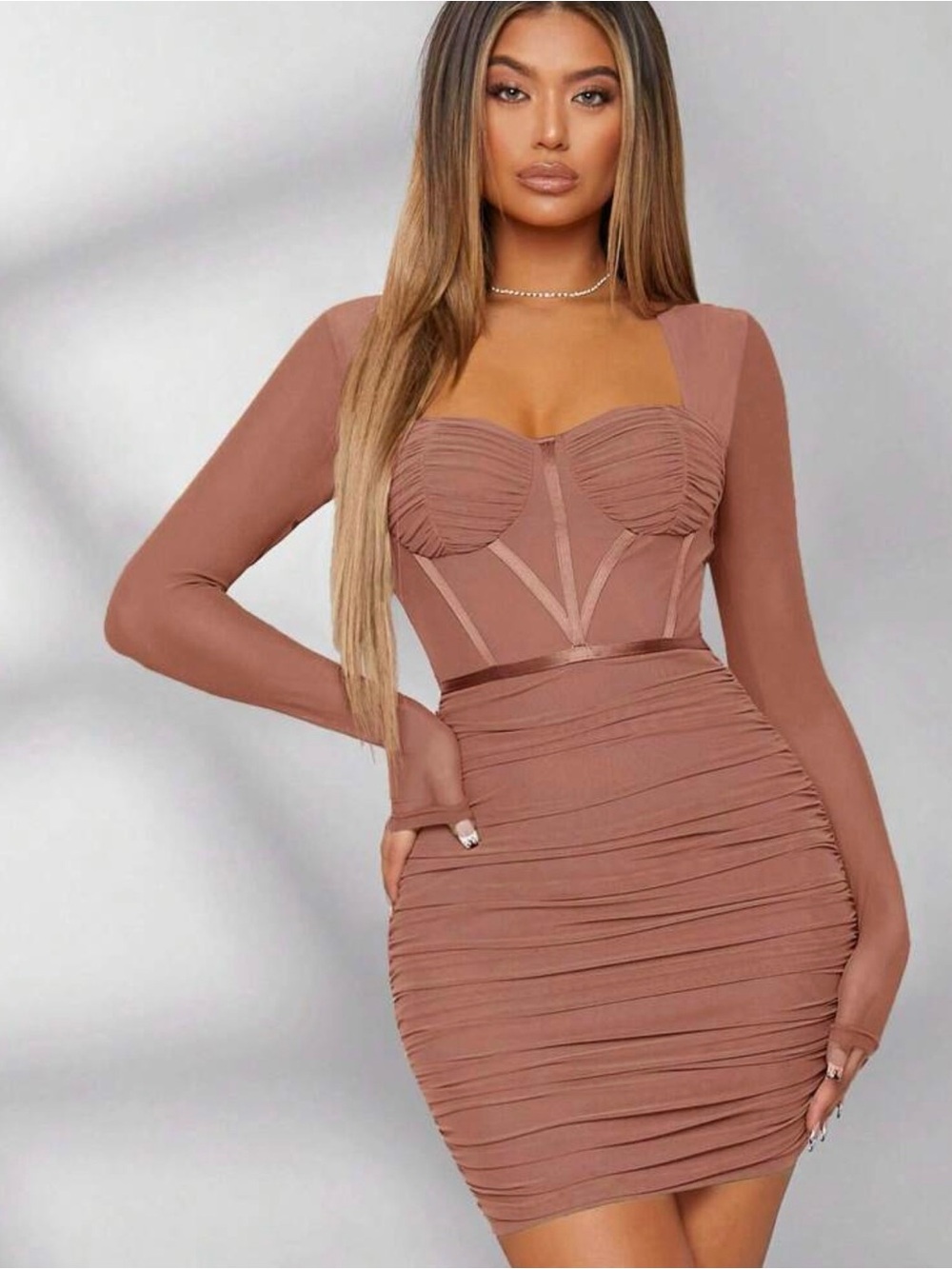 Long Sleeve Ruched Bodycon Dress in Mauve